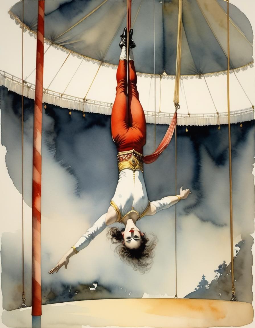 Watercolor Circus Artist Hanging Upside Down