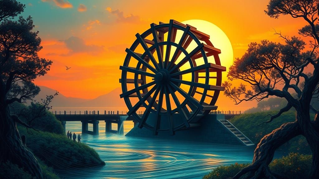 Majestic Waterwheel Channeling Universal Energies in Vibrant...