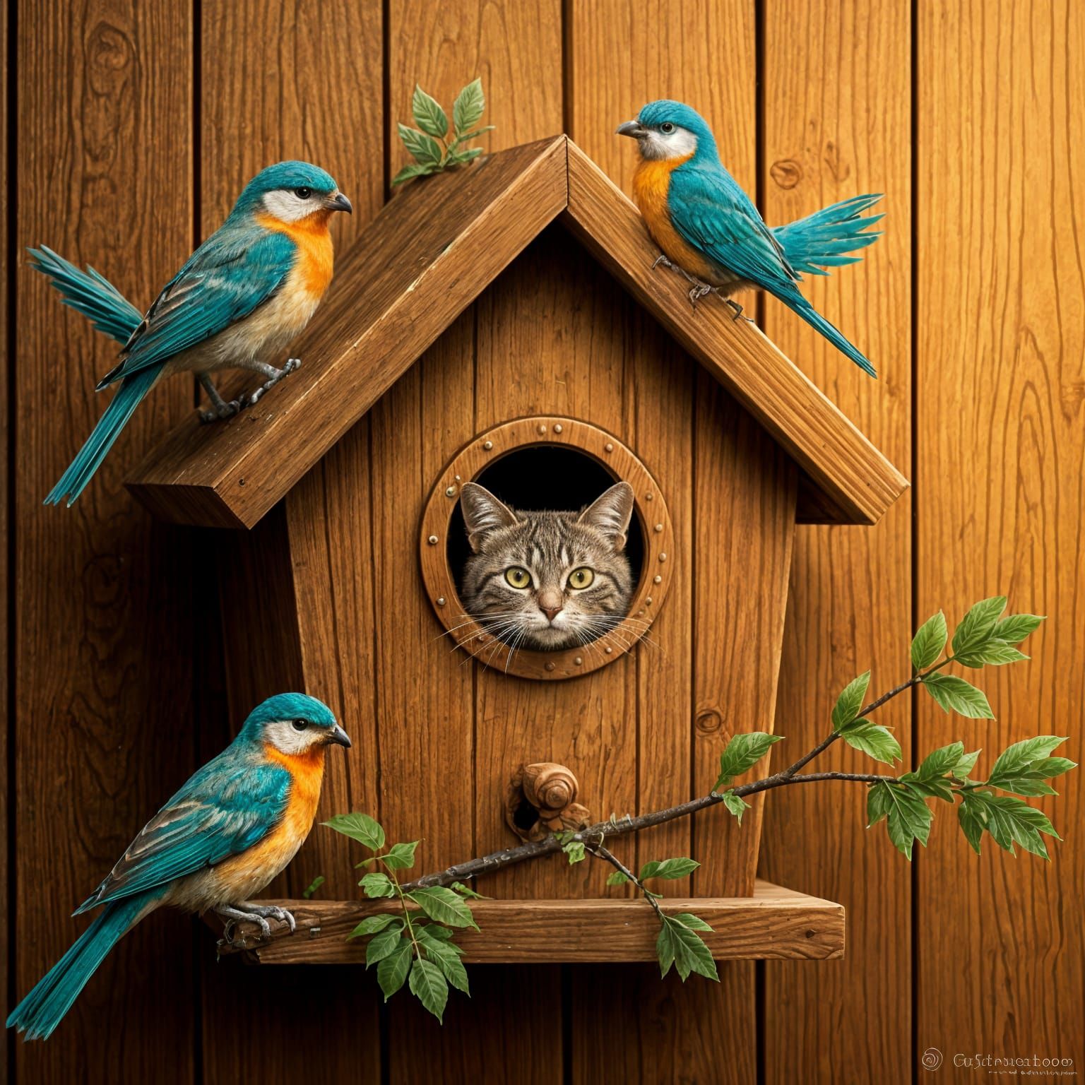 Whimsical Birdhouse Scene with Cats and Birds