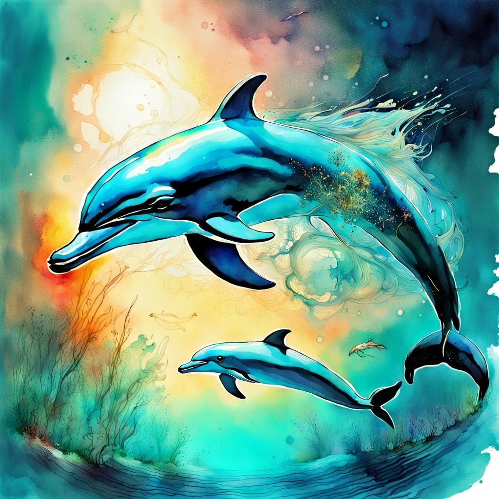 Dolphins in a Luminous Underwater Watercolor Sunset