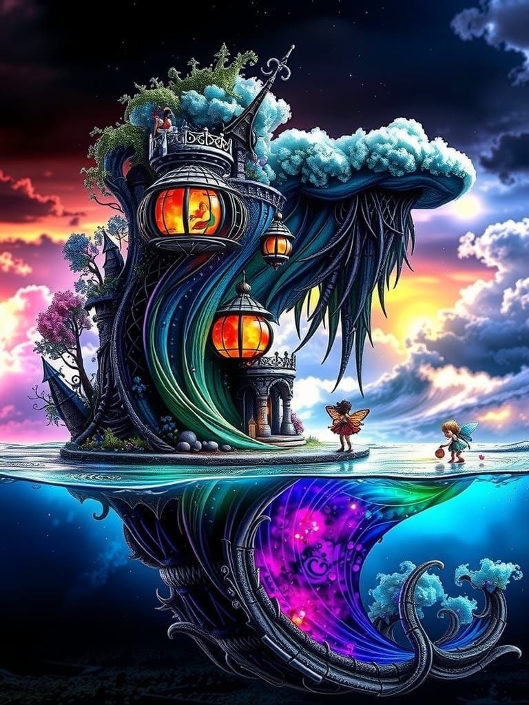 A stately, fairytale-inspired fairy castle house with delicate turrets and grandiose architecture, stands proudly atop a...