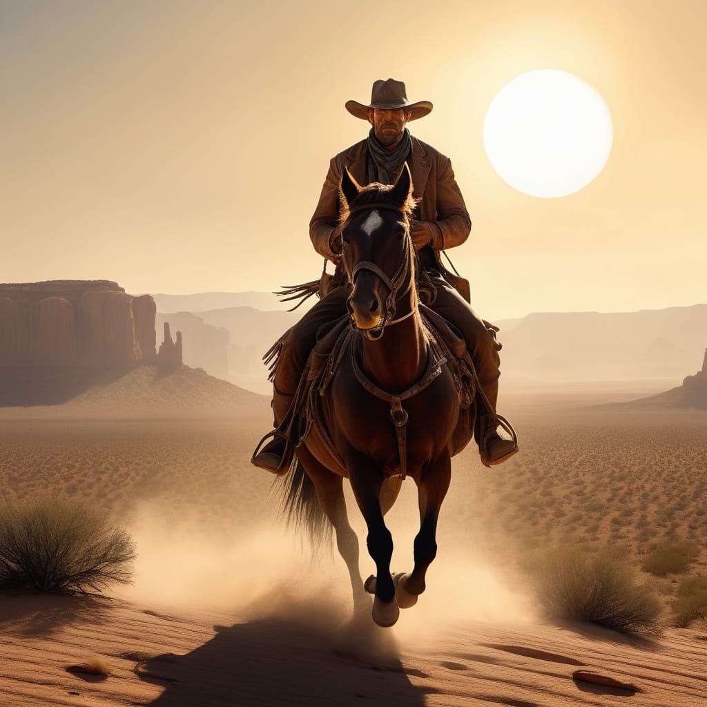 Cowboy Riding Horse in Desert Landscape