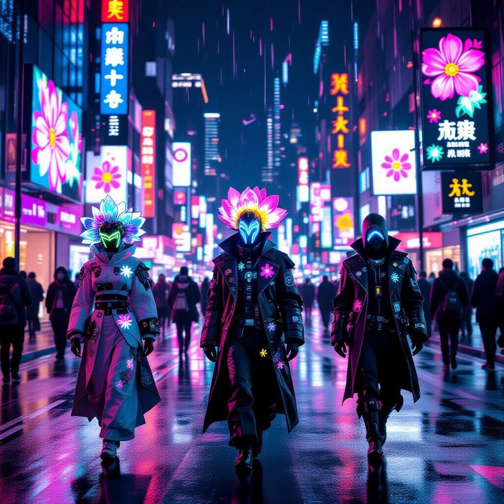 Cyberpunk Neon Bloom Festival with Floral Holograms