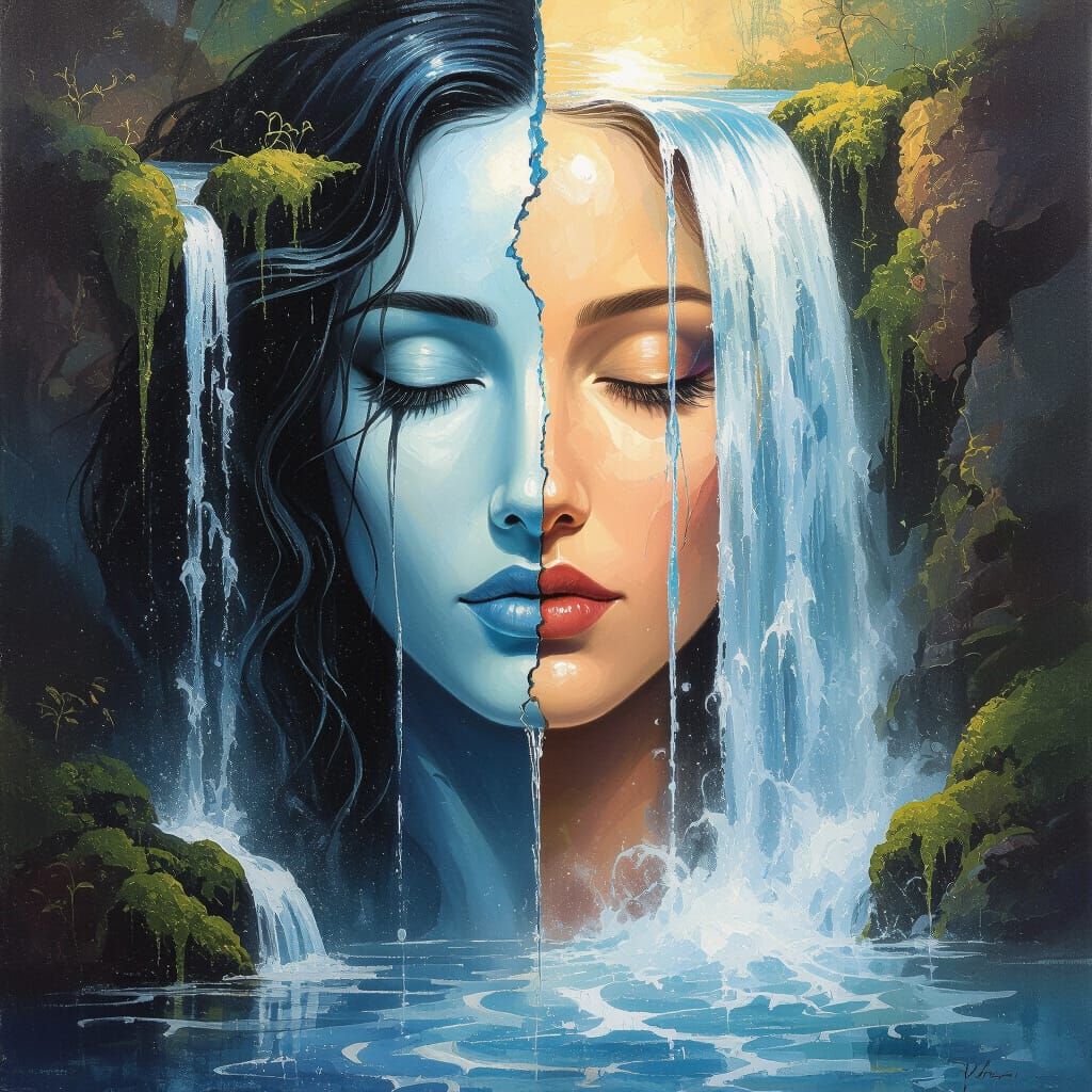 Surrealist Split Face with Waterfall Flowing