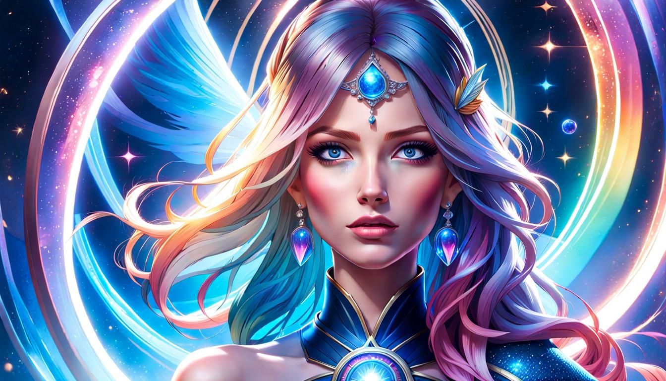 Goddess of Galaxies with Rainbow Waterfalls in Hyperrealism