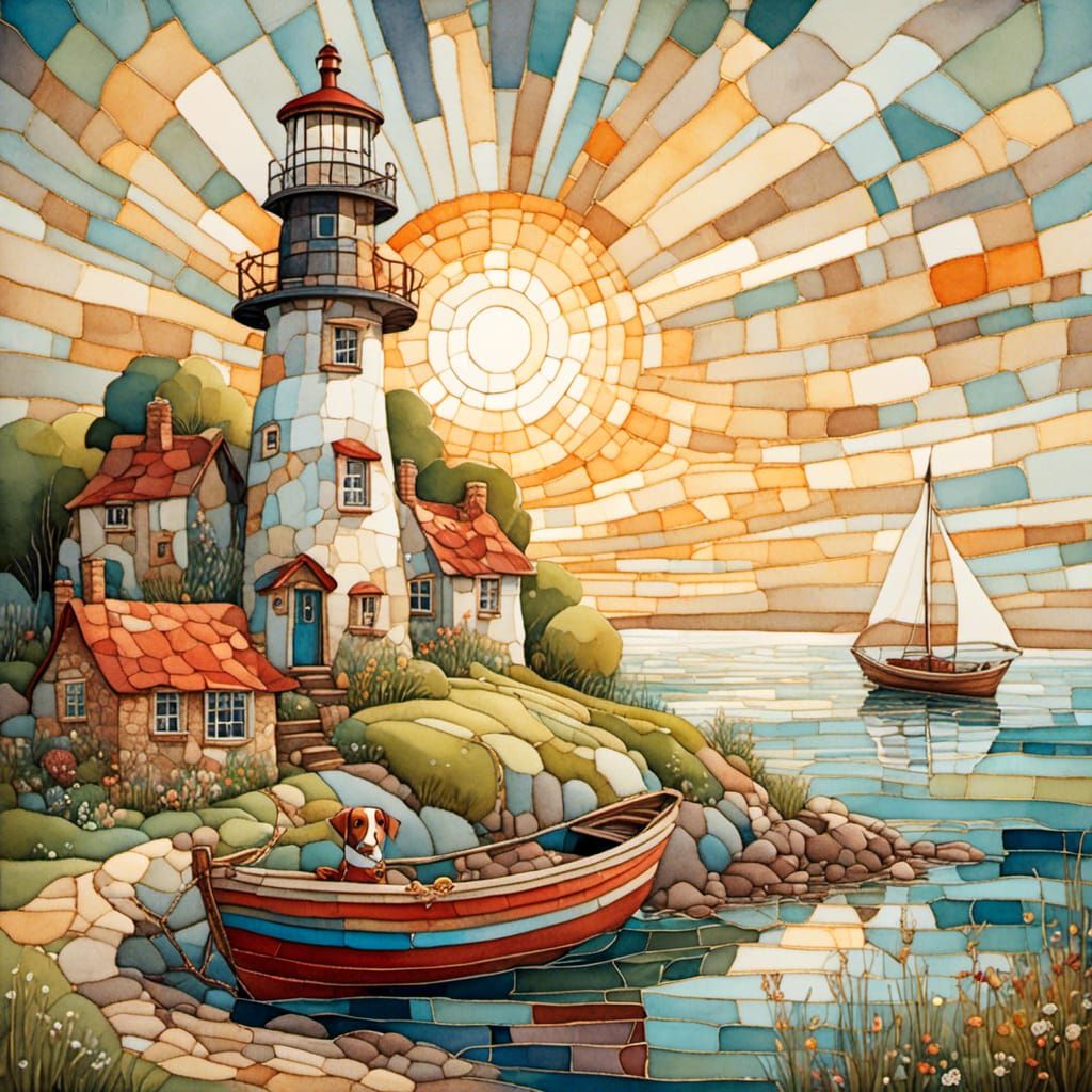Island Lighthouse and Cottage in Mosaic Style