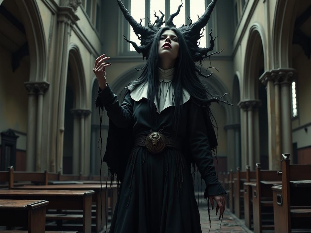 Crying Nun in Abandoned Church: Sacripunk Dark Fantasy