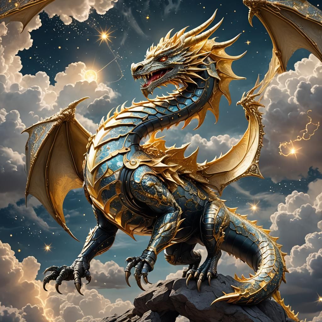 Celestial Robotic Dragon in Fantastical Landscape