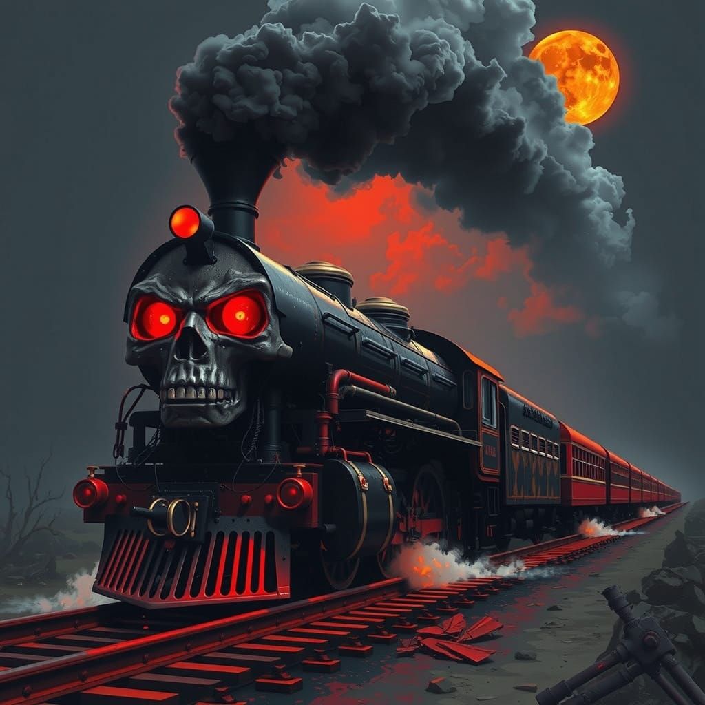 Majestic Vampire Skull Steam Locomotive Under Blood-Red Moon