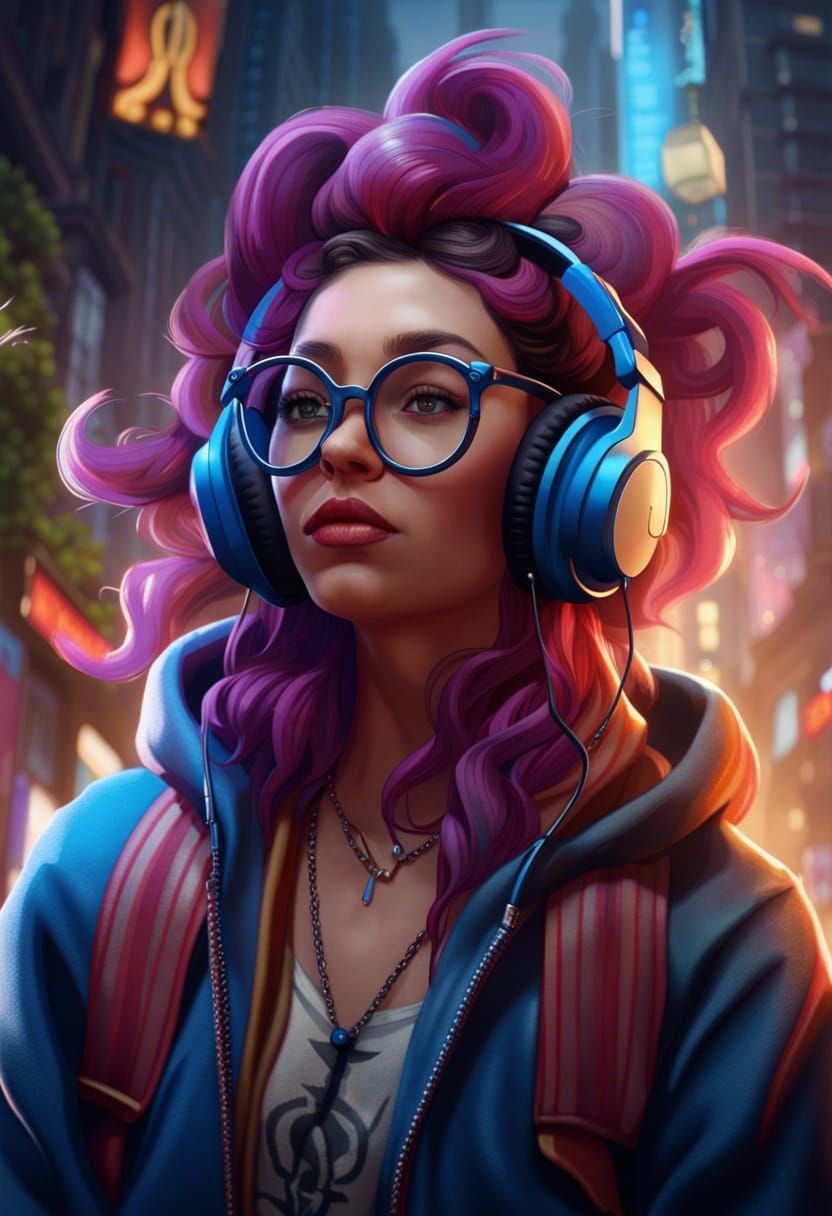 Hipster Girl Listening to Music, Detailed Digital Art