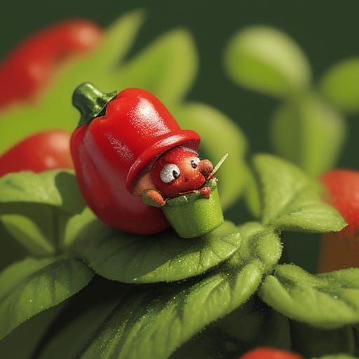 Miniature Man Painting Pepper in a Garden