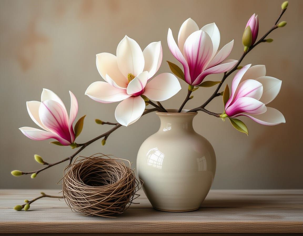 Serene Magnolia Still Life in Gouache and Watercolor