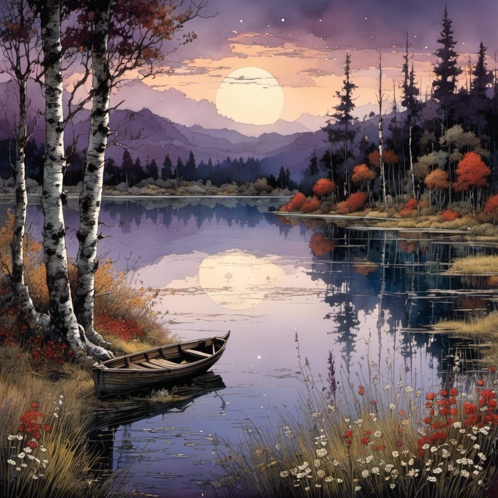 Moonlit Lake in Birch Forest: Alcohol Ink Painting