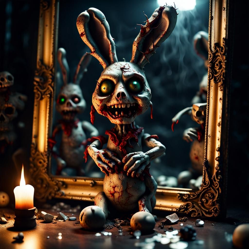 Haunted Zombie Toy Rabbit in Broken Mirror