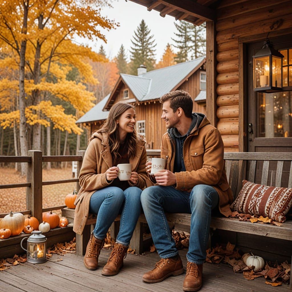 Cozy Fall Cabin Scene with Couple in Folk Art Style