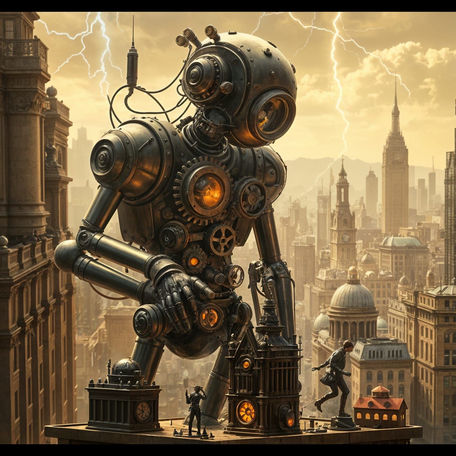 Colossal Steampunk Robot in Victorian Cityscape