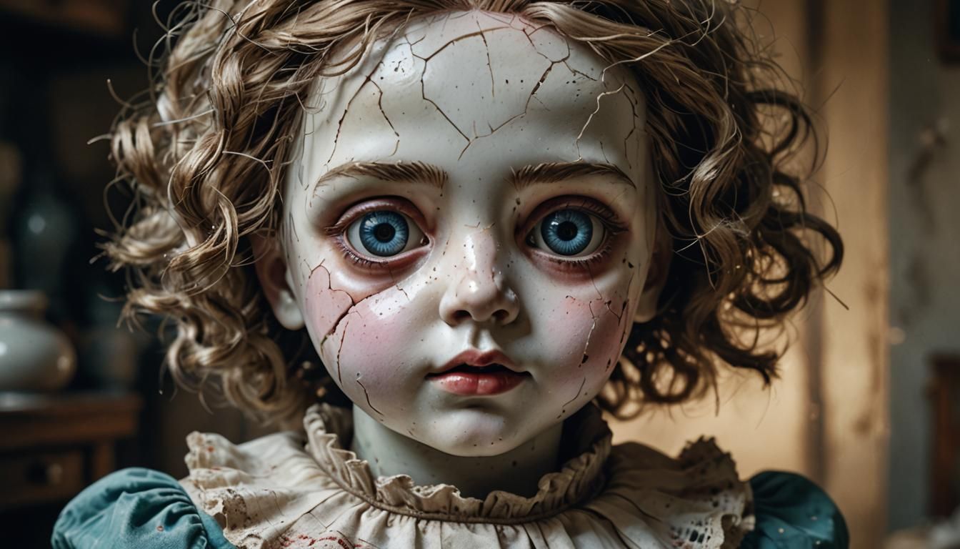 Cracked Porcelain Doll Portrait in Digital Art Style