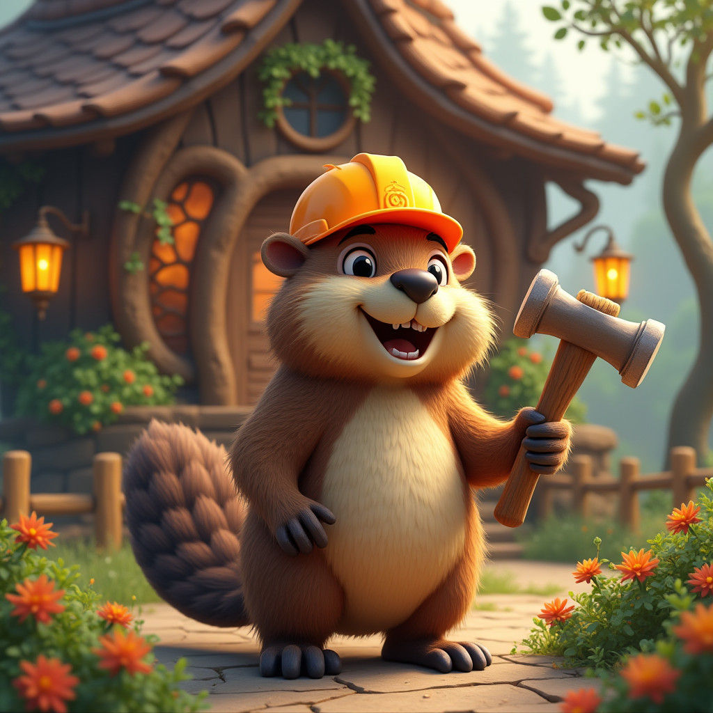 Happy Beaver Building a Fantastical Structure