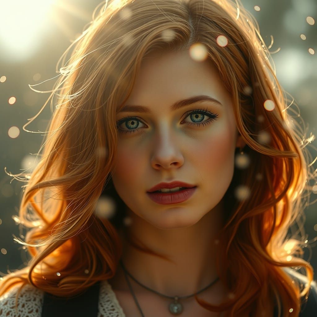 Red Haired Woman in Rain with Sunbeams