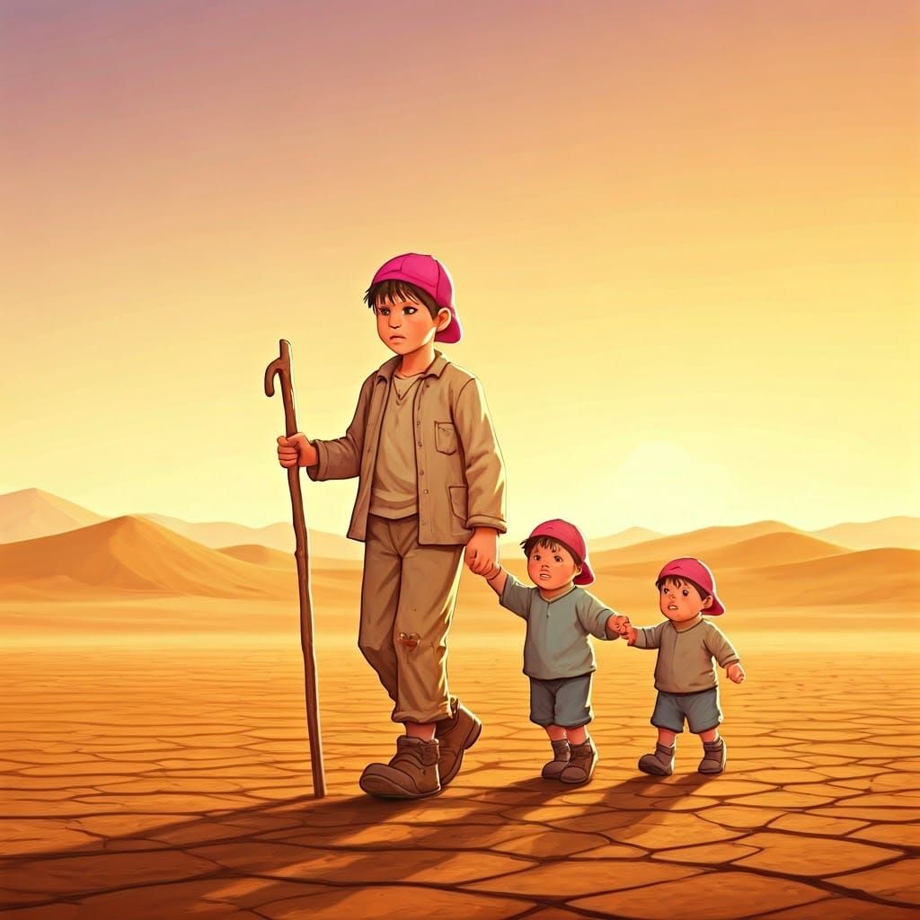 Boy Leads Siblings Through Desert Landscape, Holding Walking...