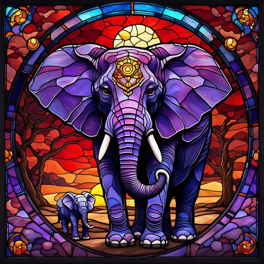 Stained Glass Elephant Family Under Red Moon