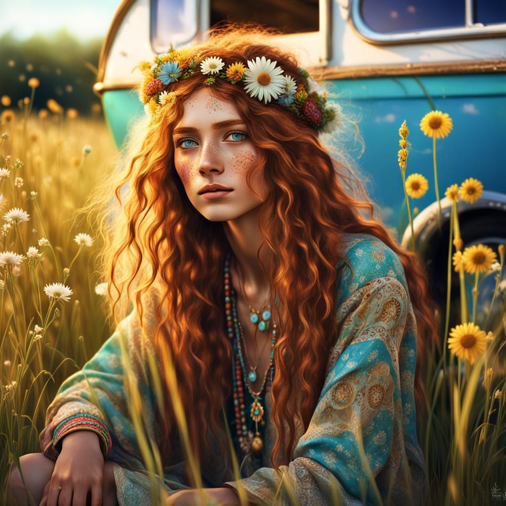 Boho Hippy Chic Female in Sunlight, Digital Oil Paint