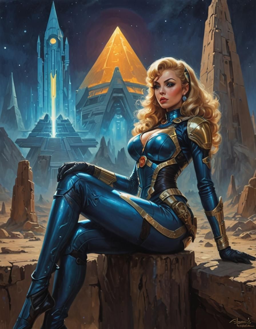 Retro-SciFi Pinup in Solarpunk City on Alien Planet