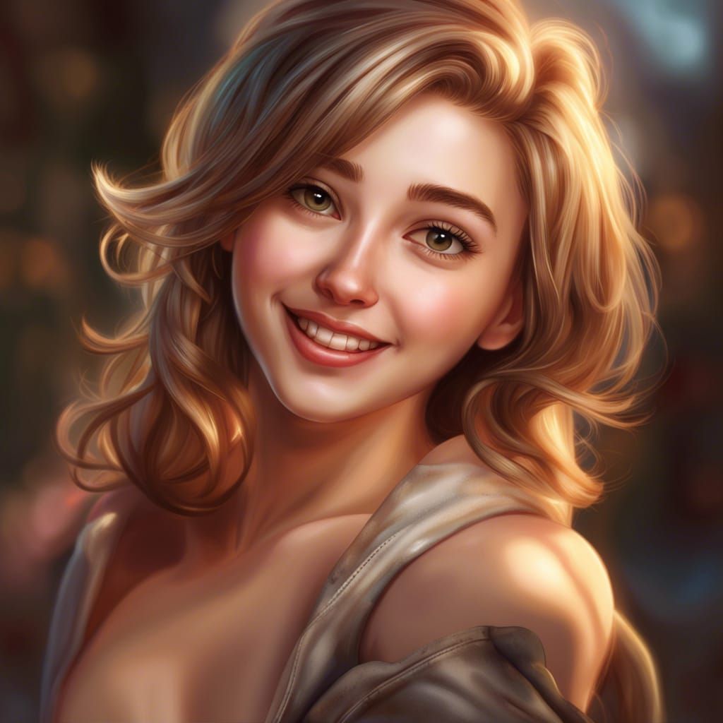 Realistic Portrait of Smiling Girl with Detailed Eyes