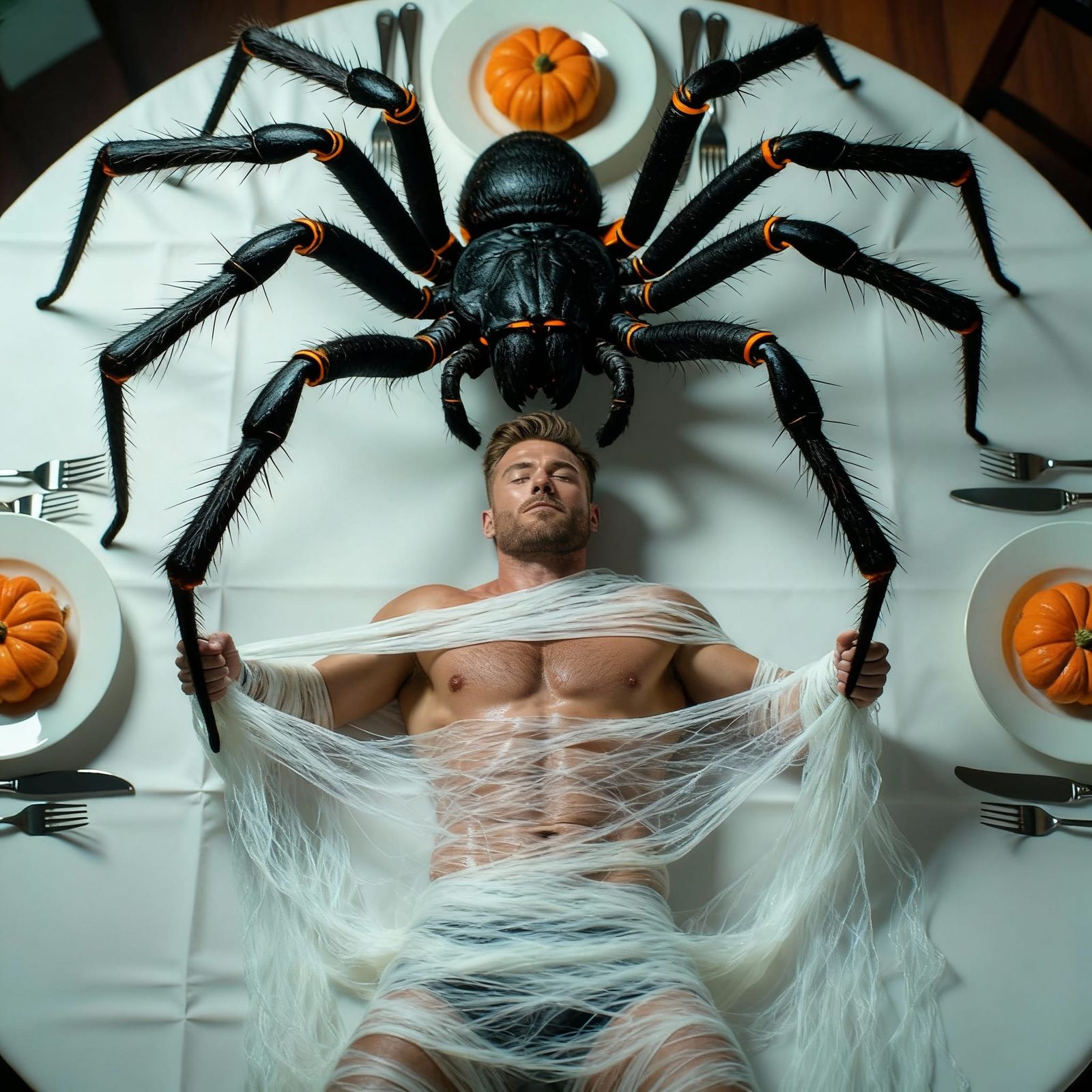 Man Wrapped in Silk with Spider Above