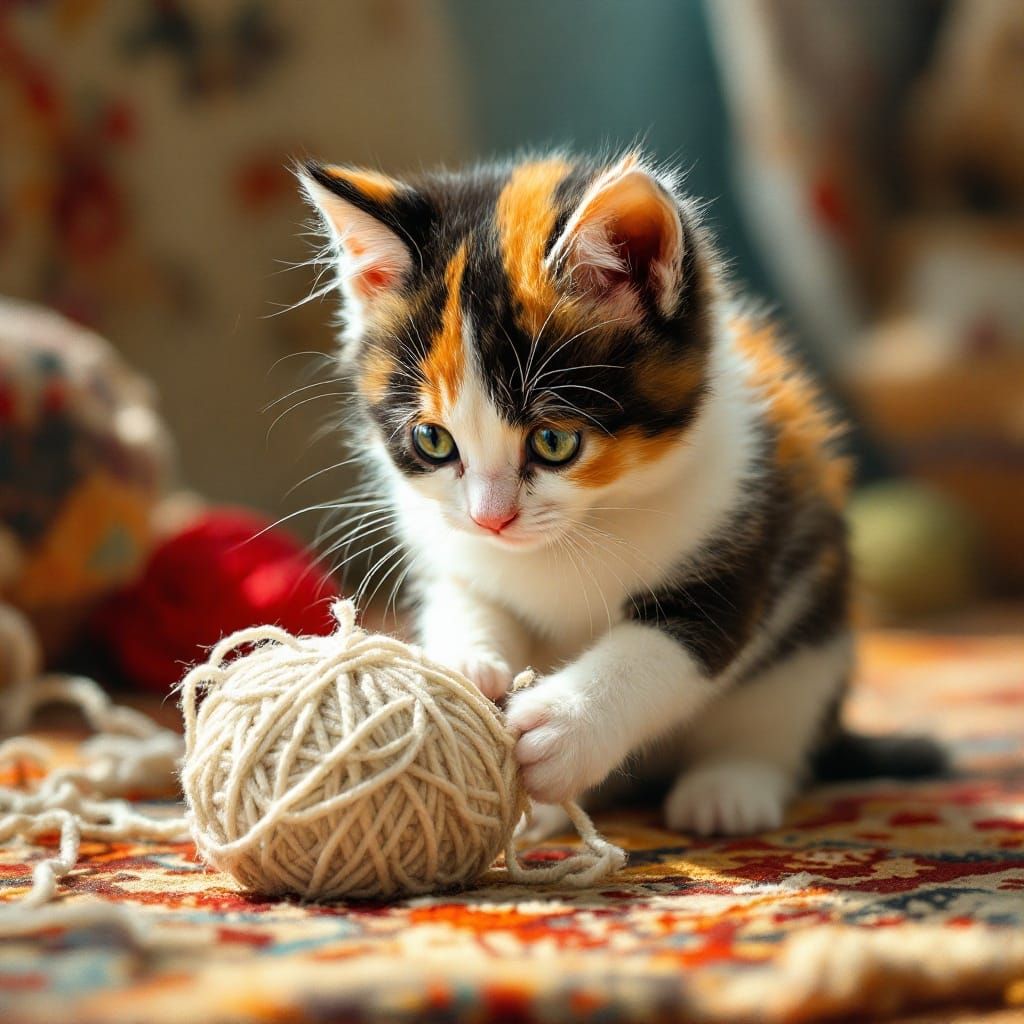 Vibrant Calico Kitten Plays with Yarn on Cozy Throw Rug