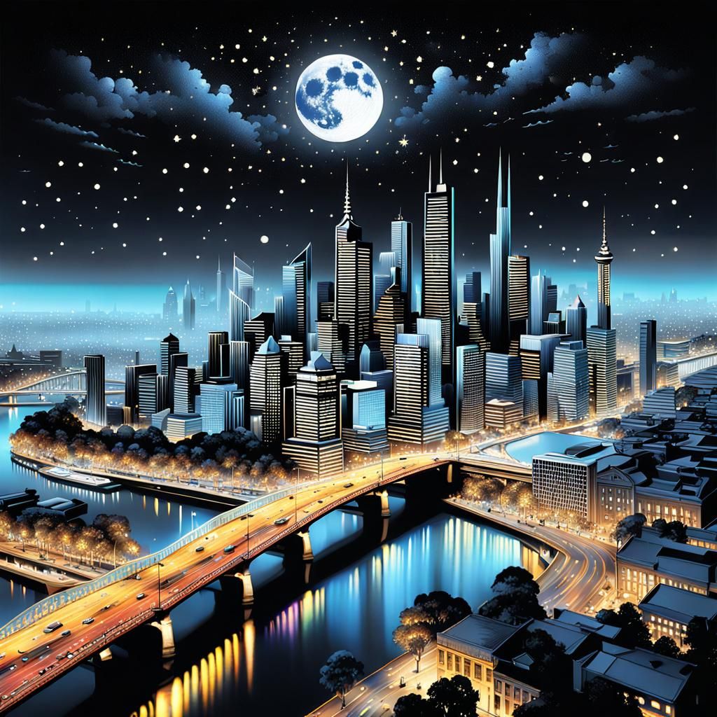 City Skyline Under Stars: Tonalist Airbrush Art
