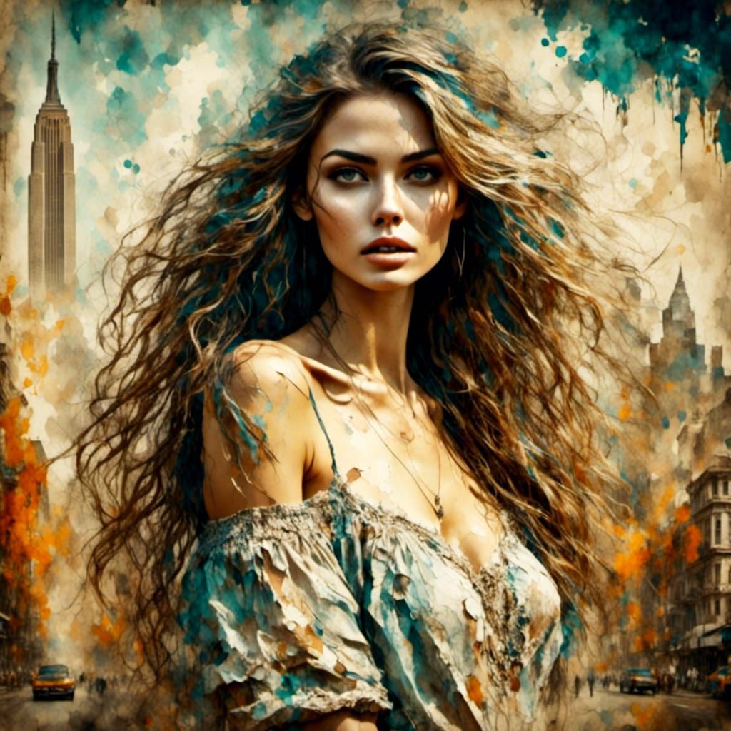 Beautiful Woman in New York City: Watercolor Style