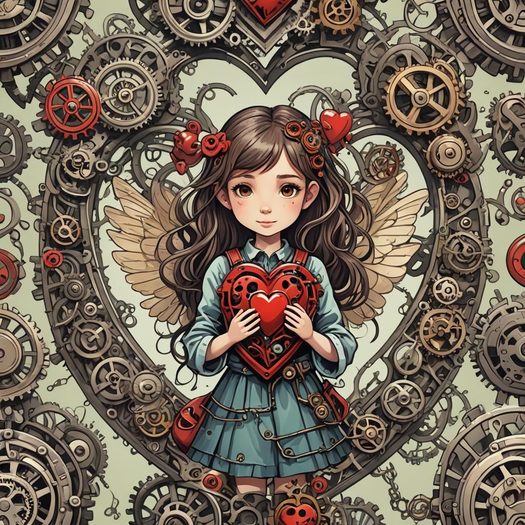 Cartoon Girl Fixing Gear Heart with Bug Wings