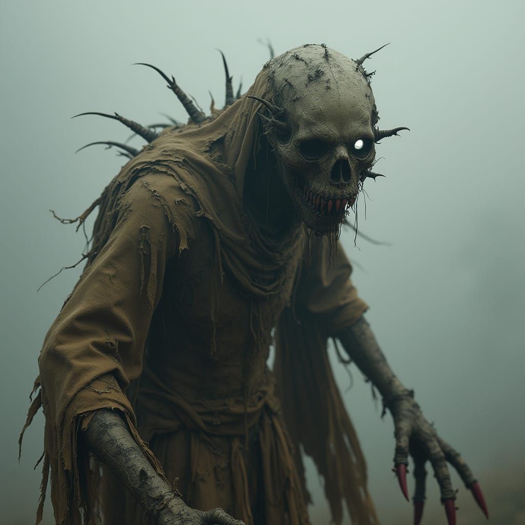 Menacing Scarecrow Creature in Dark Atmospheric Style