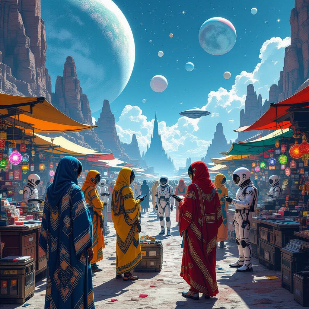 Zero-Gravity Bazaar in Cyberpunk Sci-Fi Landscape