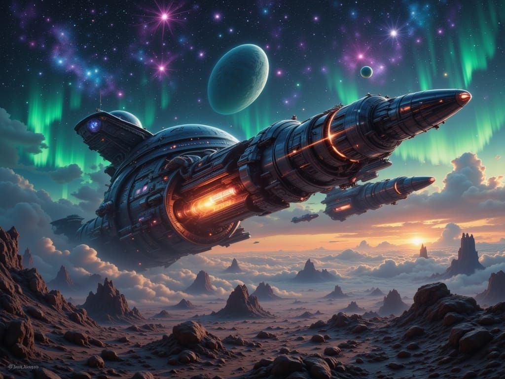 Starship Landing on Andromeda in Vintage Futurism Style