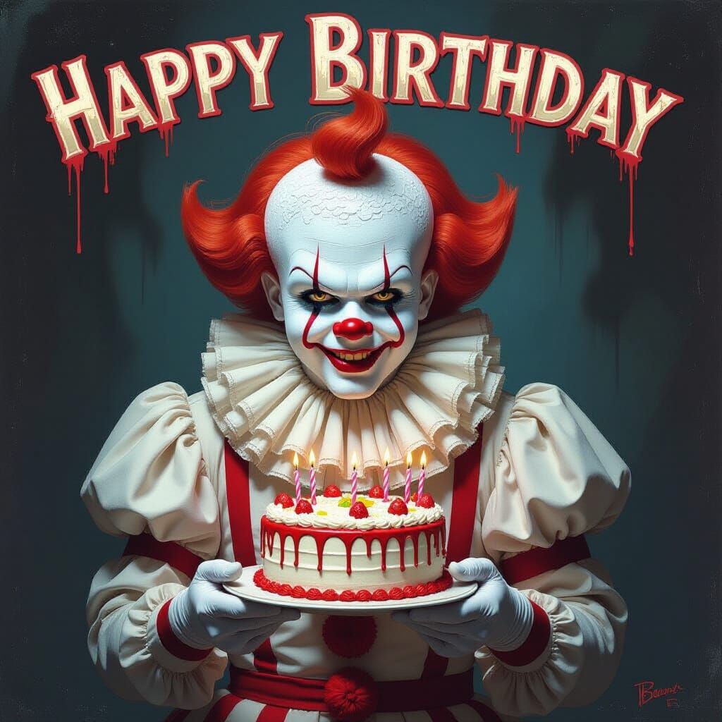 Sinister Clown Portrait with Birthday Cake