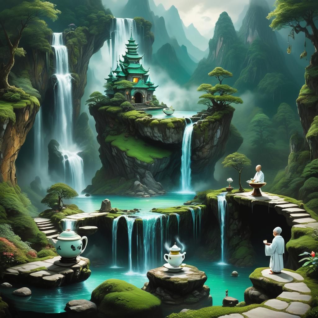 Surreal Teacup World with Meditating Monks