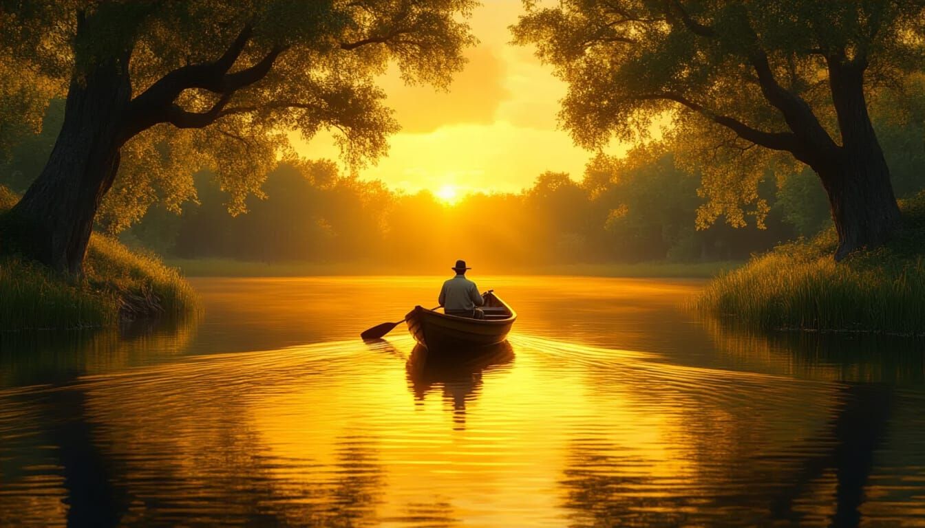 Golden Pond Fisherman in Ethereal Light