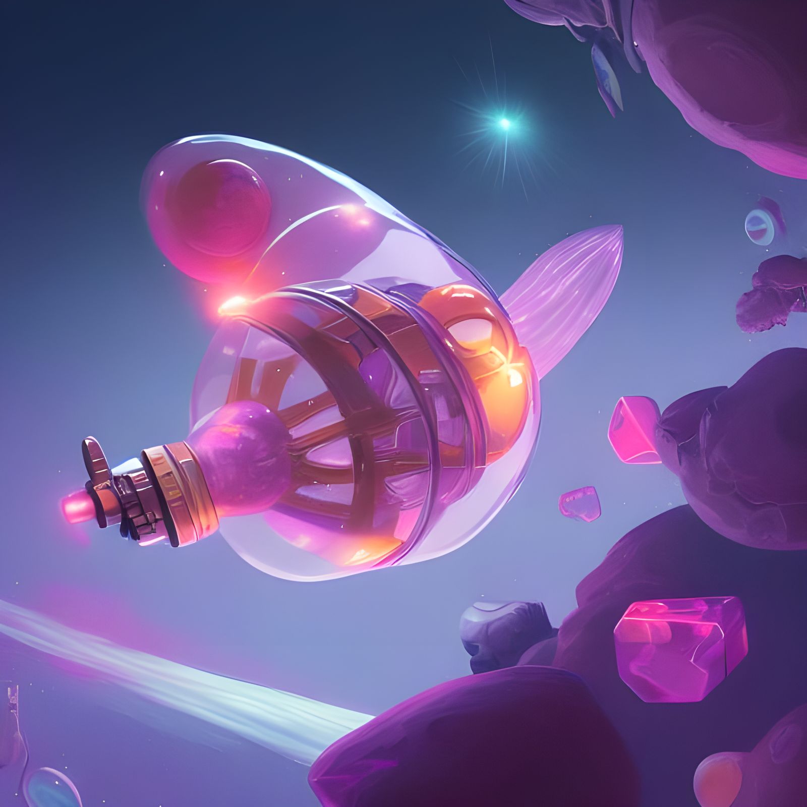 Bubblegum Spaceship Among Candy Asteroids in Space