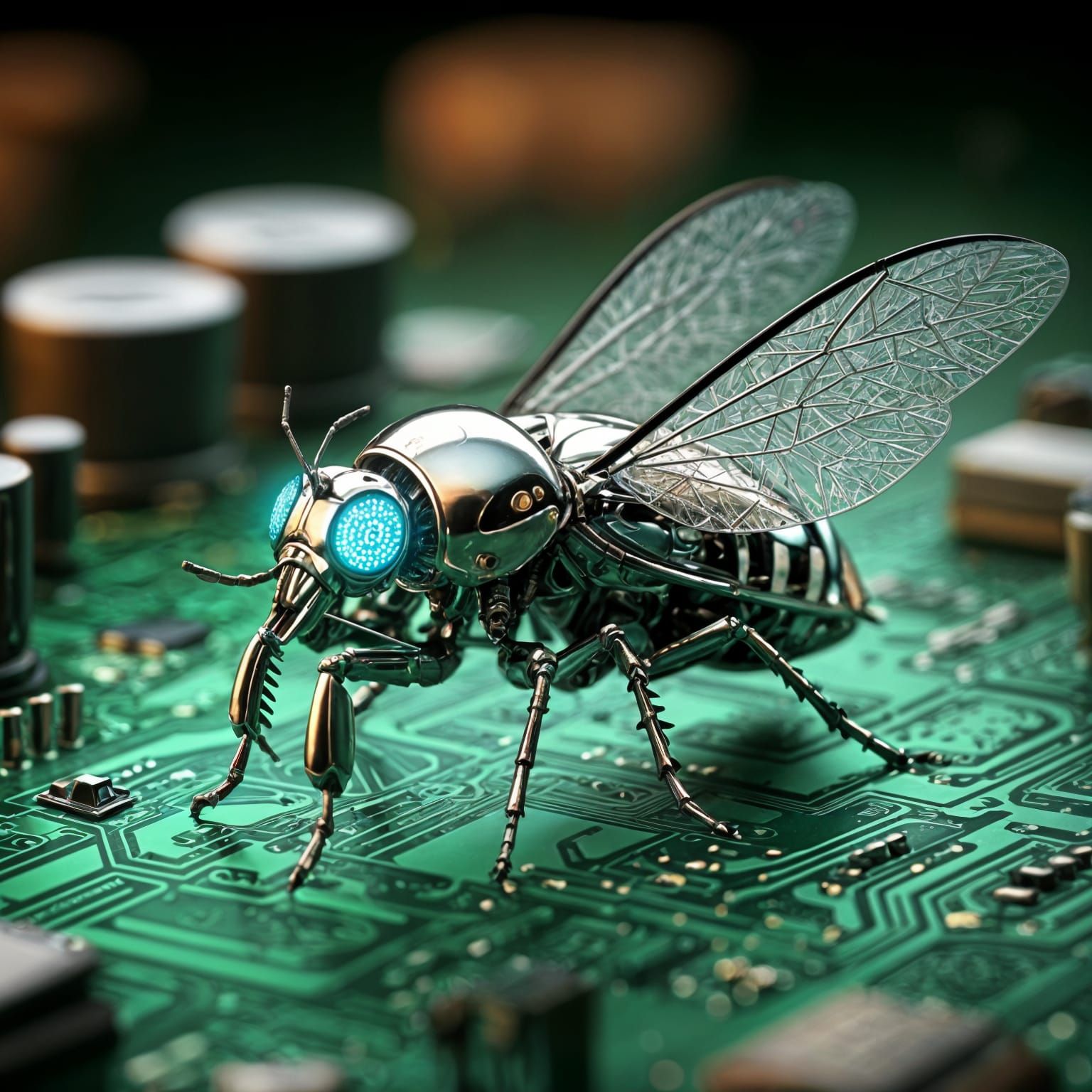Sleek Chrome Insect Perched on Luminous Circuit Board