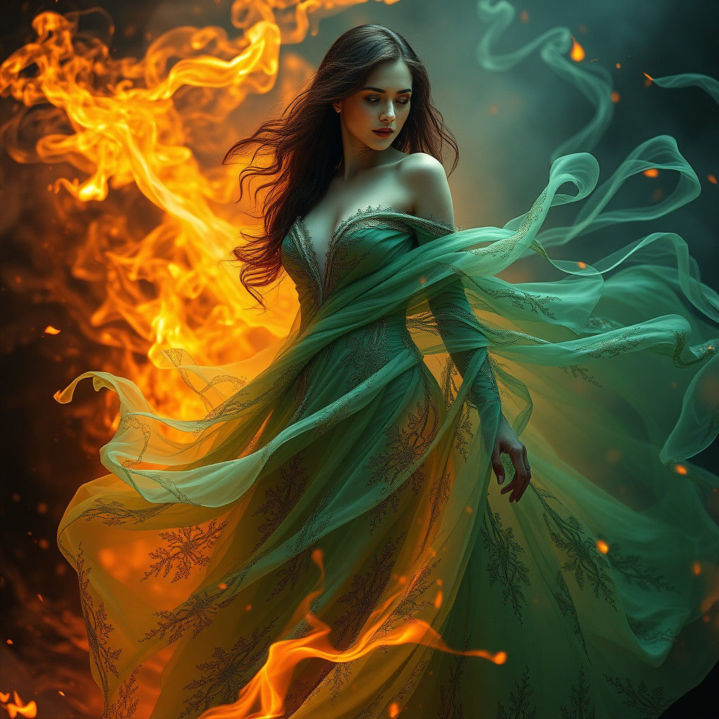 Ethereal Woman in Fir Gown Amidst Flames
