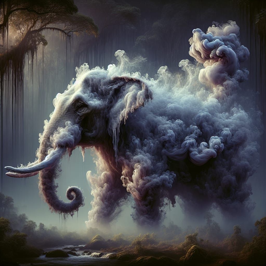 A majestic smokey transparent elephant constructed entirely from intricately swirling mist in a jungle dripping with ink...