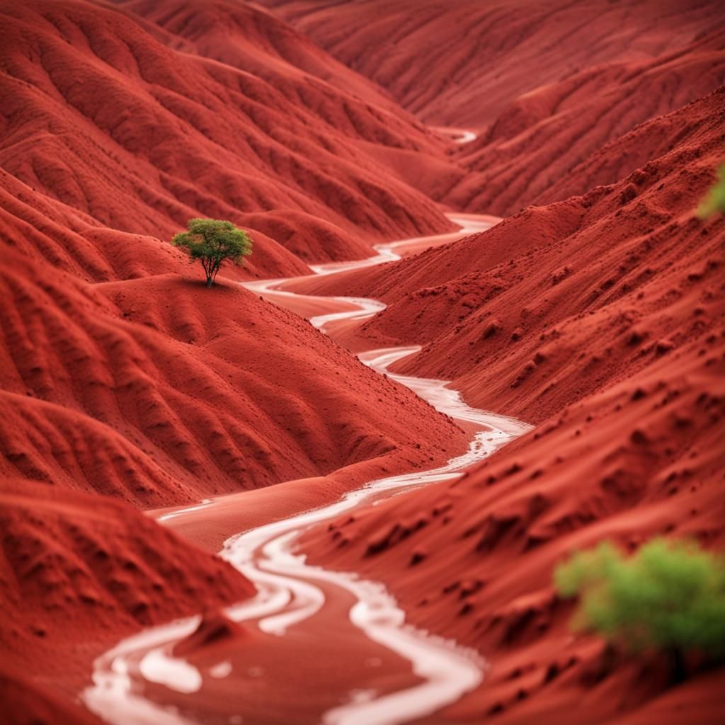 Whimsical Red Clay Landscape in Rainy Weather