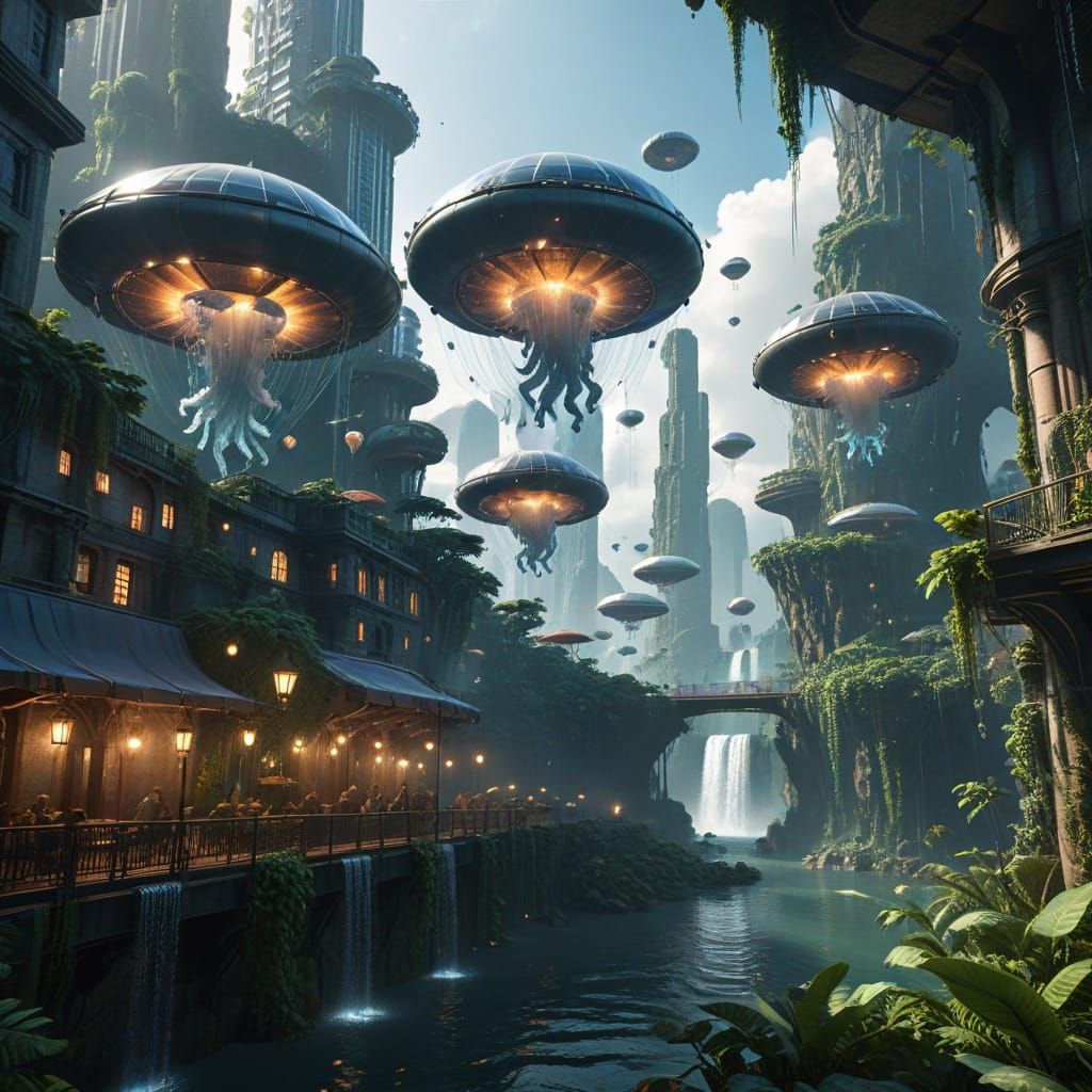 Solarpunk Jellyfish Airships Over Jungle City