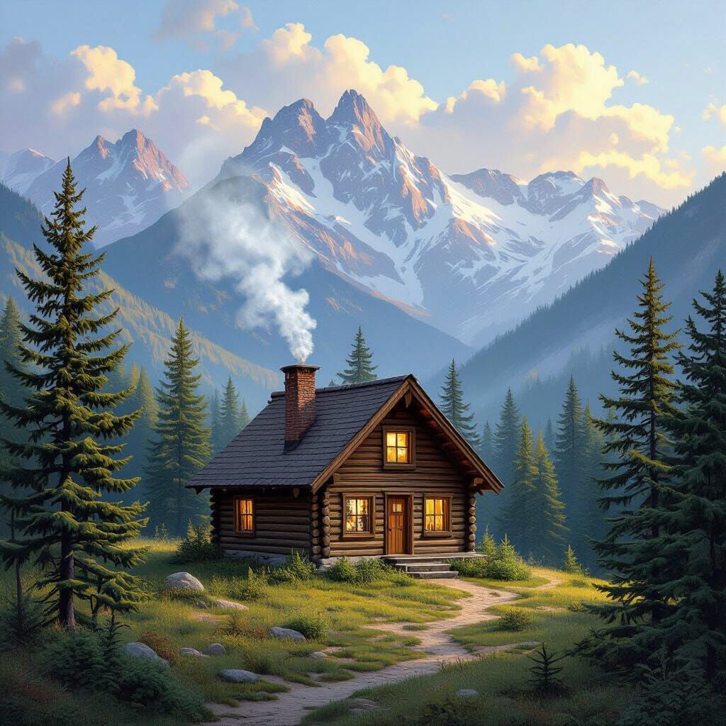 Cozy Cabin in Mountain Landscape as Rustic Painting