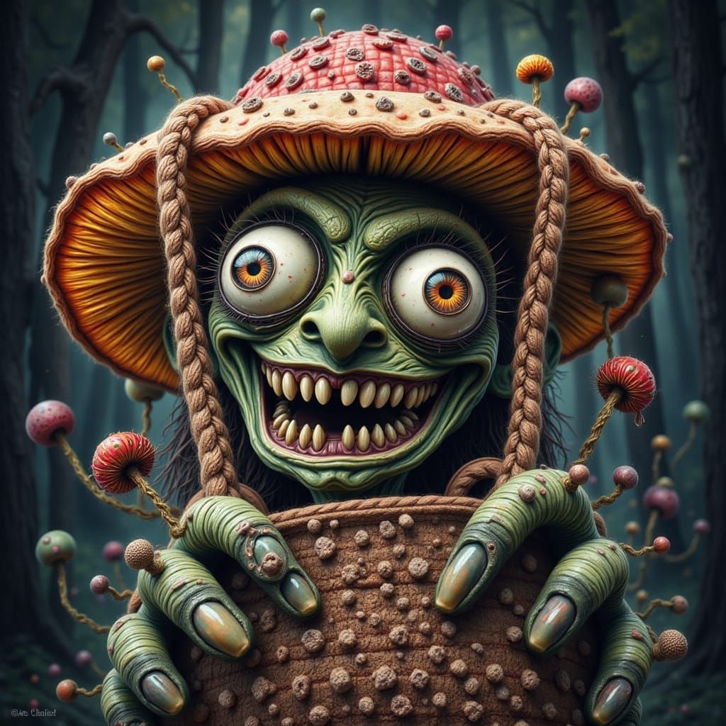 Whimsical Mushroom Character in Crochet Bag