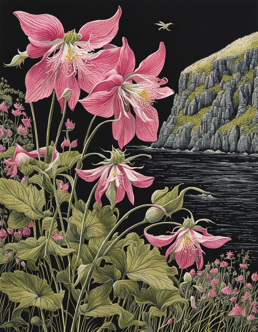 Wild Pink Columbine in Whimsical Linocut Style