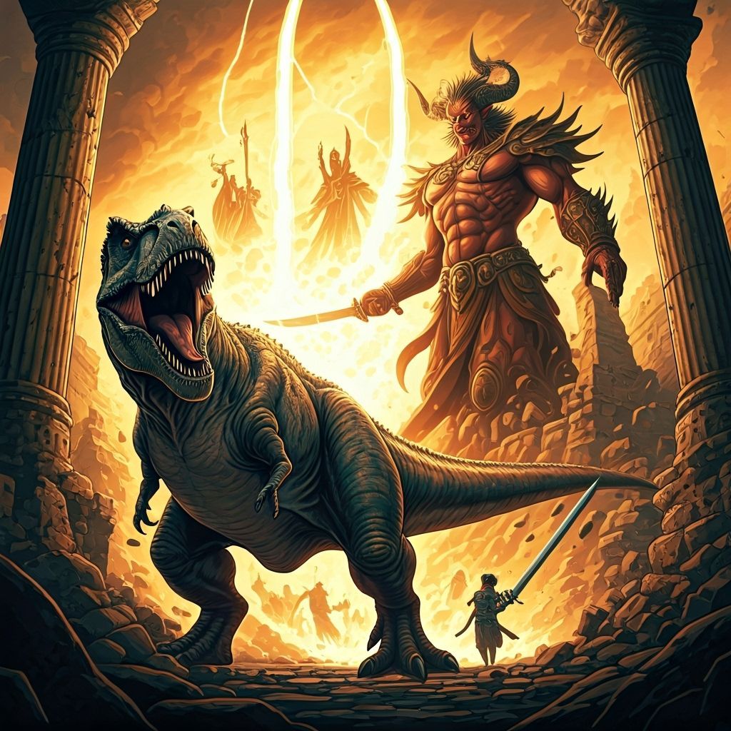 Tyrannosaurus Rex vs Demon in Comic Book Style