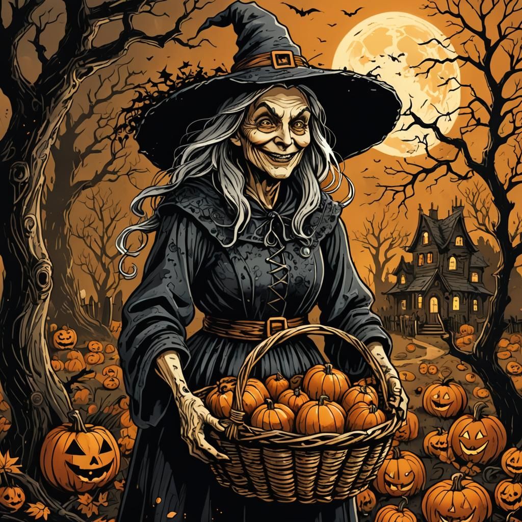 Eerie Witch with Halloween Treats, Ink Drawing